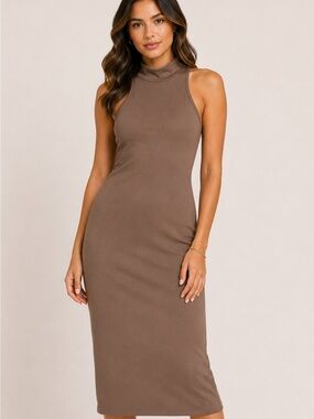 Zara Sleeveless Mock Neck Midi Dress in Taupe